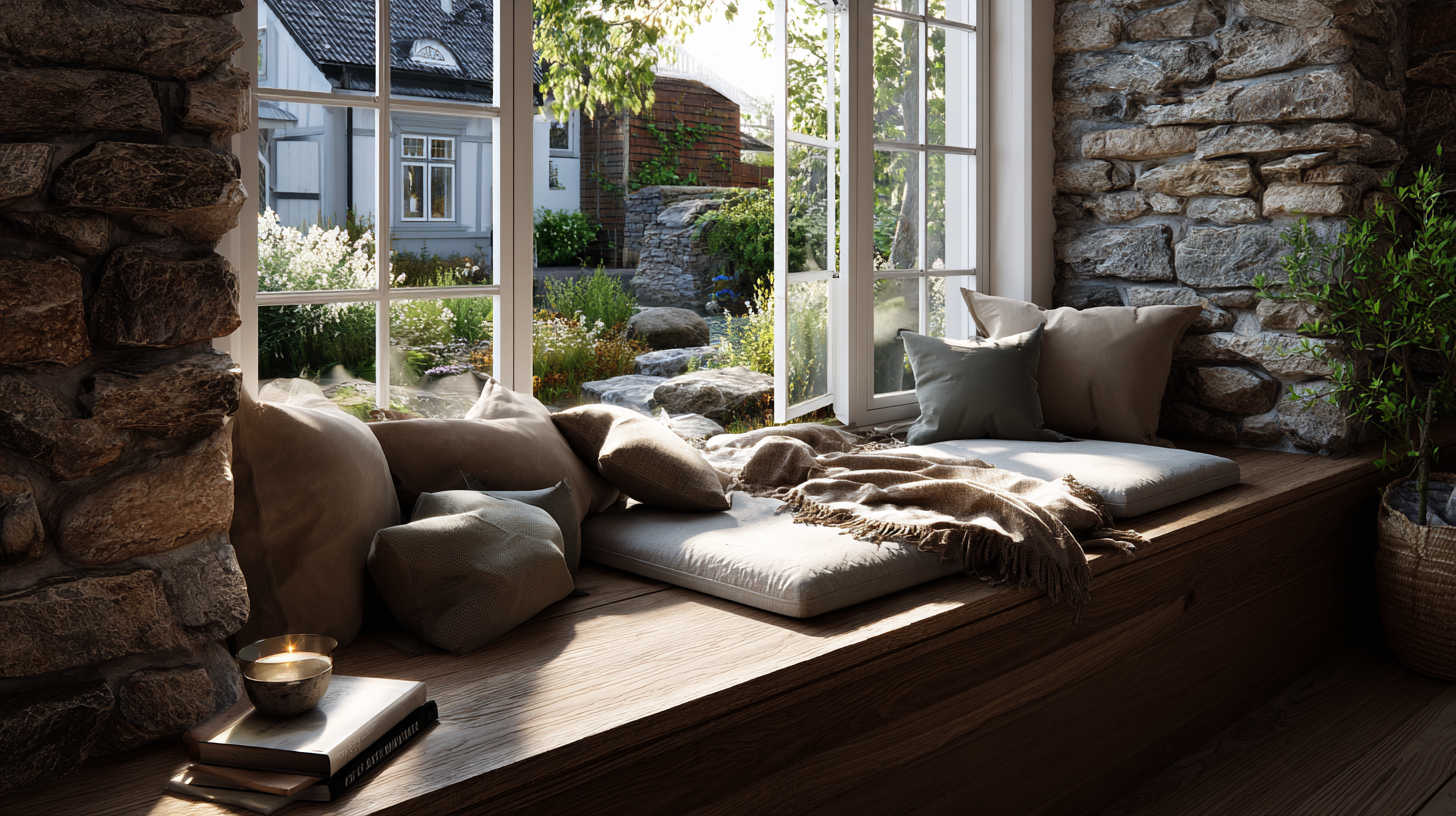 Fensterbank aus Naturstein-Composite mit Kissen, Sonnenlicht im Winter, Zimmerpflanzen und Buch