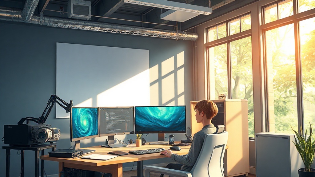Anime-Studio mit KI-Workstation, Animator am Zeichentisch und Monitor